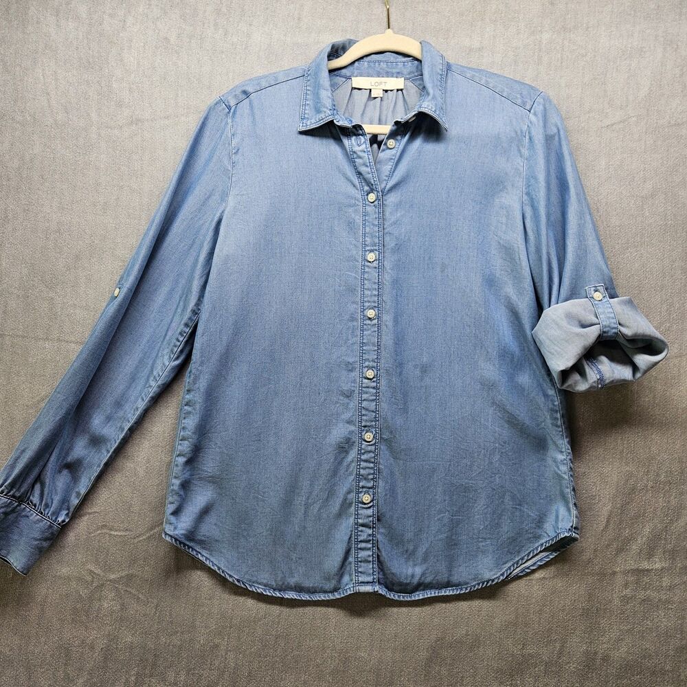 Loft Blue Chambray Shirt Size Small Button Up Casual Classic